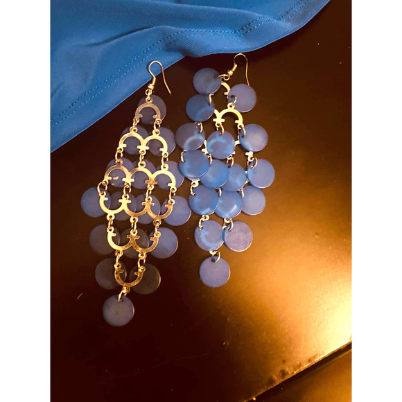 Vintage Shell Chandelier Statement Earrings Royal Blue 5 Inch Dangle Drop - Picture 2 of 7